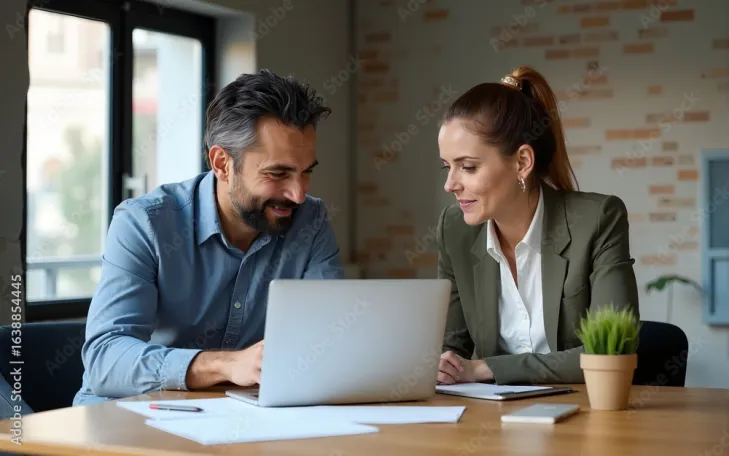 Mężczyzna i Kobieta rozmawiają przy laptopie